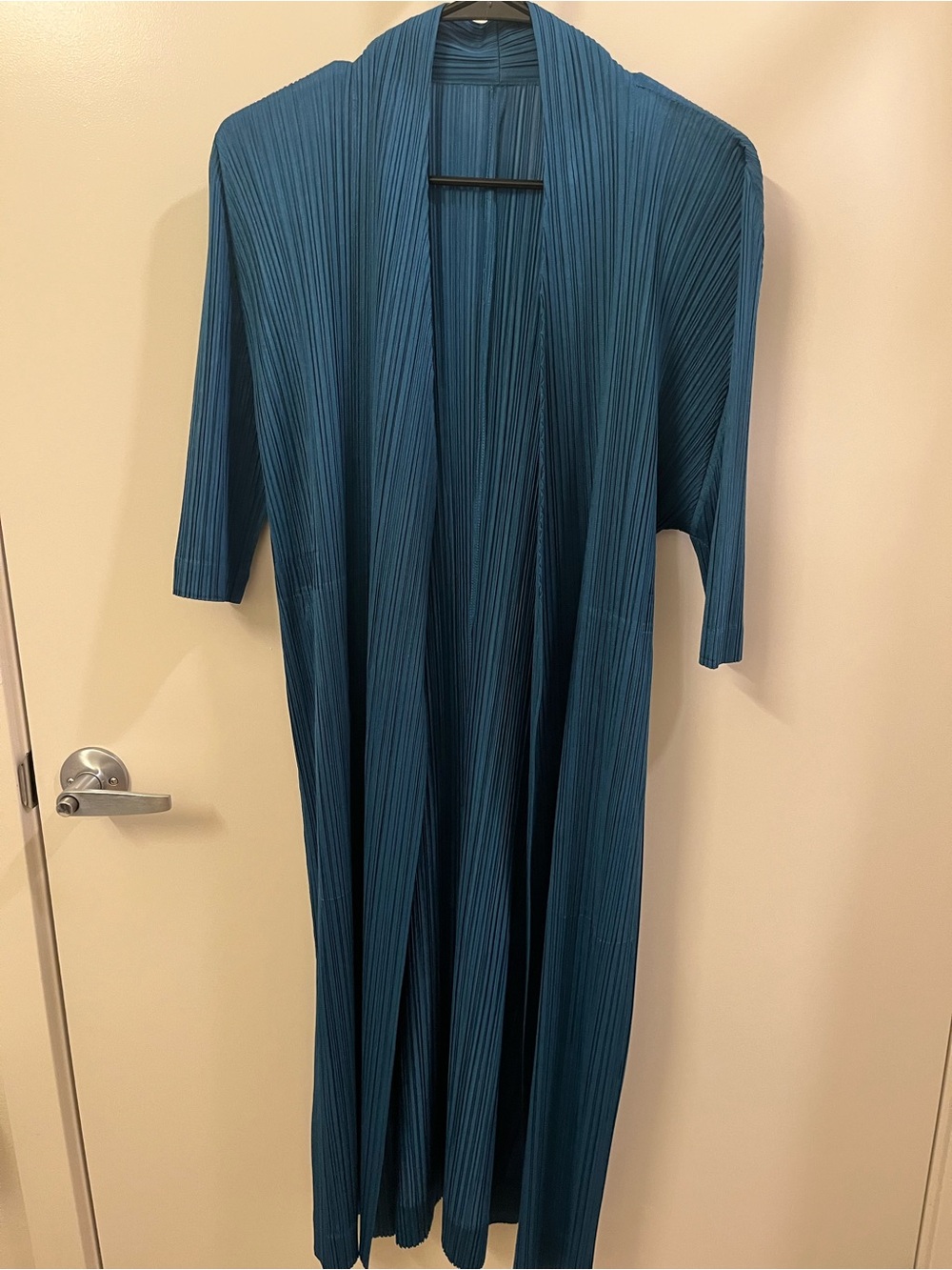 Issey Miyake Pleated Long Open-Front Cardigan - Teal Blue